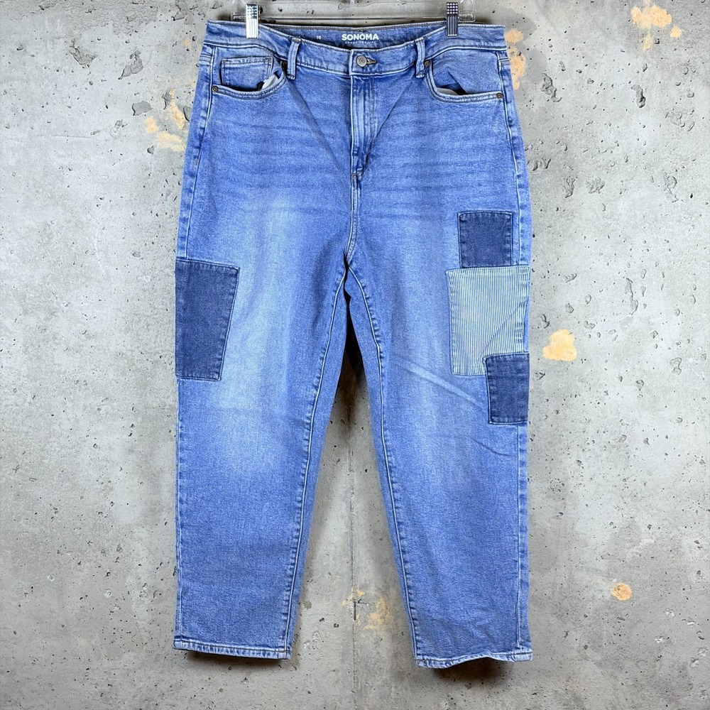 Sonoma Boyfriend Jeans Women's 16 Blue Denim Patch Pockets Whiskered Streetwear